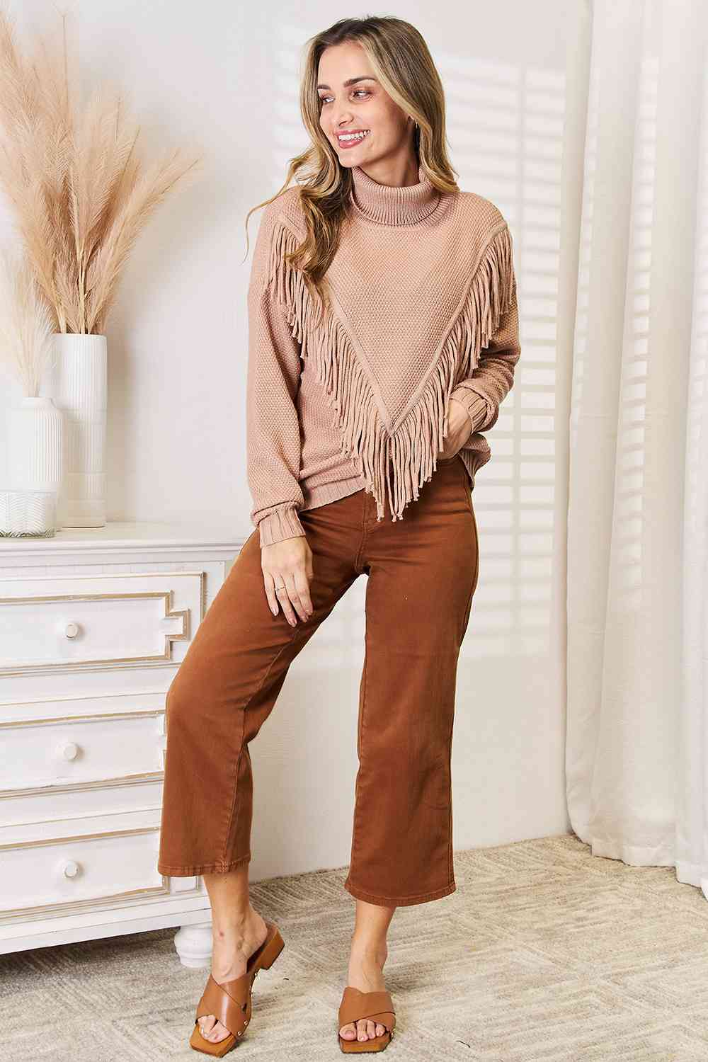 Turtleneck Fringe Front Long Sleeve Sweater - Sweaters - Shirts & Tops - 4 - 2024