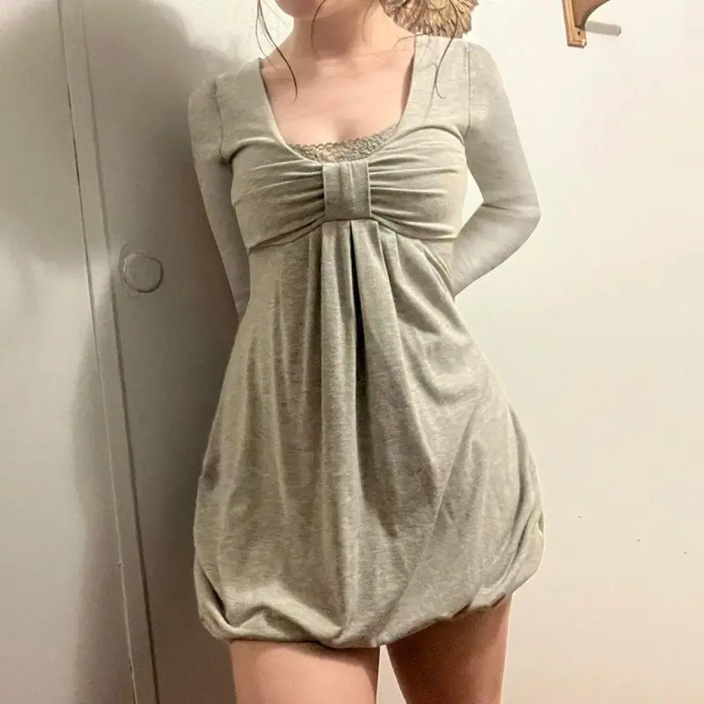 Sweet Bow Patchwork Long Sleeve Dress - All Dresses - Dresses - 1