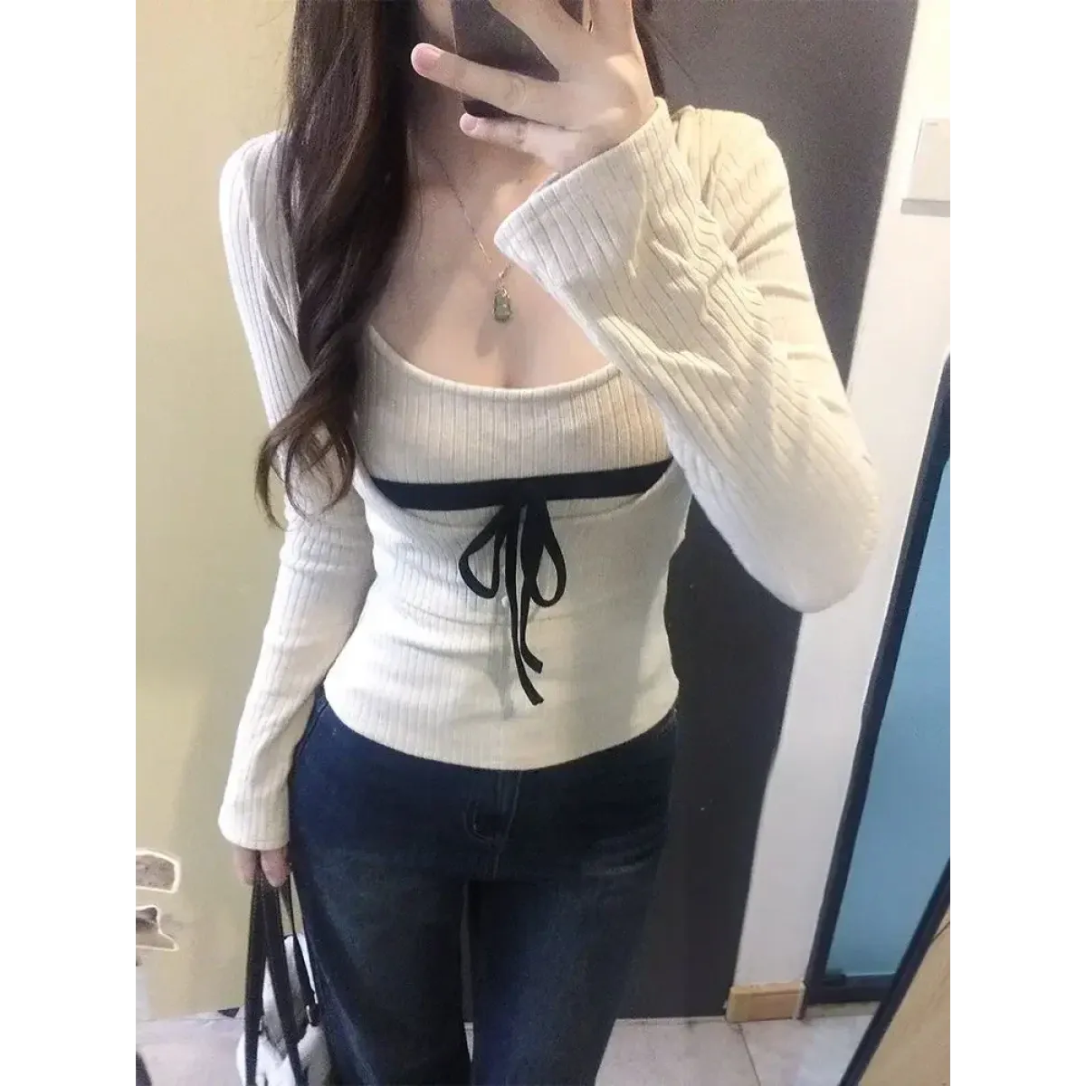 Sweet Ribbon Patchwork Long Sleeve Top - Tops & Tees - Tops - 1