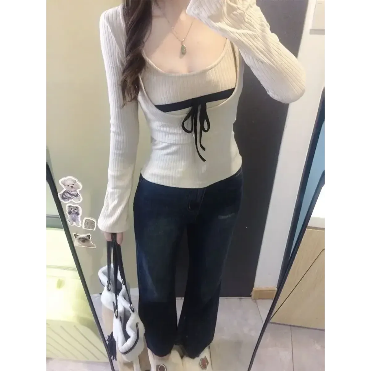 Sweet Ribbon Patchwork Long Sleeve Top - Tops & Tees - Tops - 3