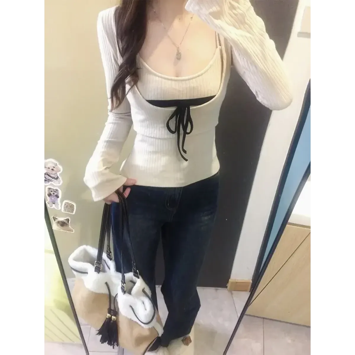 Sweet Ribbon Patchwork Long Sleeve Top - Tops & Tees - Tops - 5