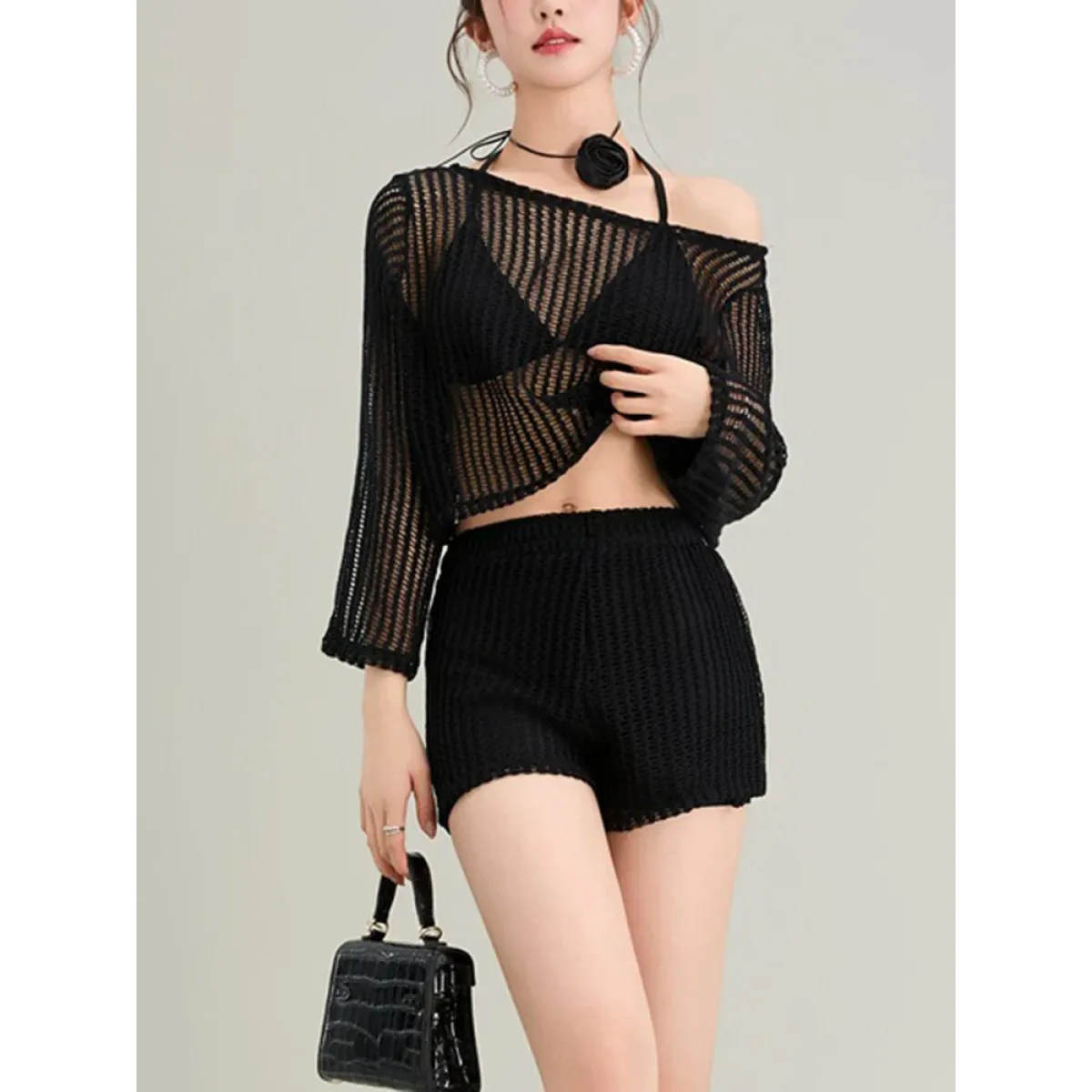 White Hollow-Out Long Sleeve High Waist Swimsuit Set - Best Sellers - Swimsuits - 1