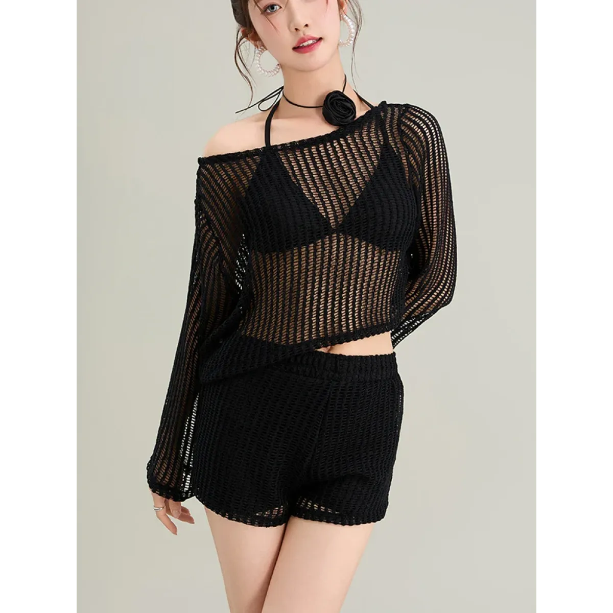 White Hollow-Out Long Sleeve High Waist Swimsuit Set - Swimsuits - Swimsuits - 2