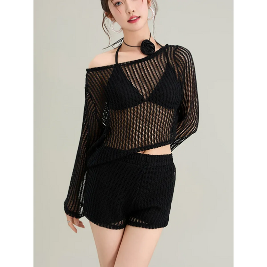 White Hollow-Out Long Sleeve High Waist Swimsuit Set - Swimsuits - Swimsuits - 2