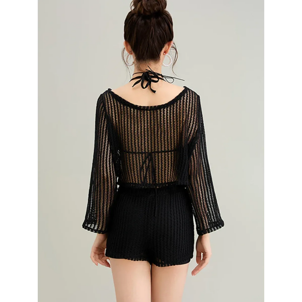 White Hollow-Out Long Sleeve High Waist Swimsuit Set - Swimsuits - Swimsuits - 3