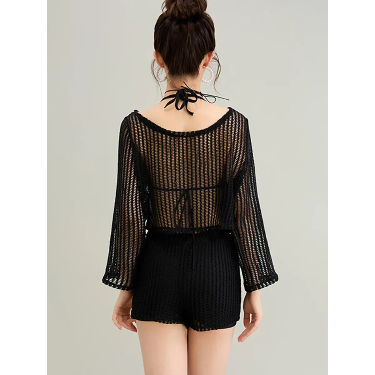 White Hollow-Out Long Sleeve High Waist Swimsuit Set - Swimsuits - Swimsuits - 3