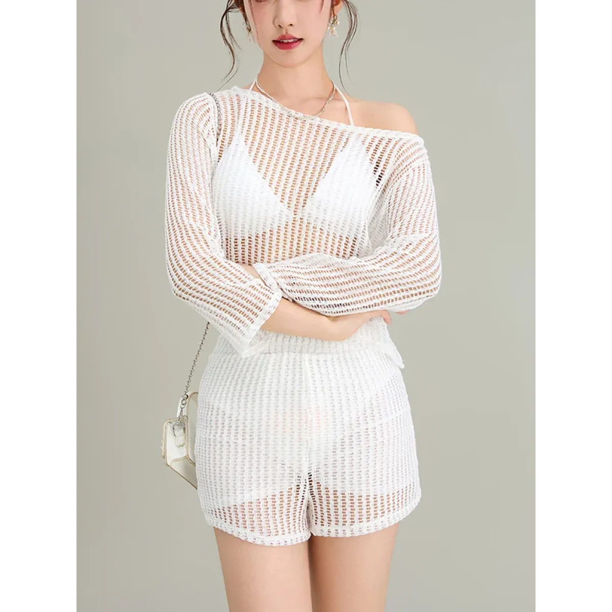White Hollow-Out Long Sleeve High Waist Swimsuit Set - Swimsuits - Swimsuits - 4