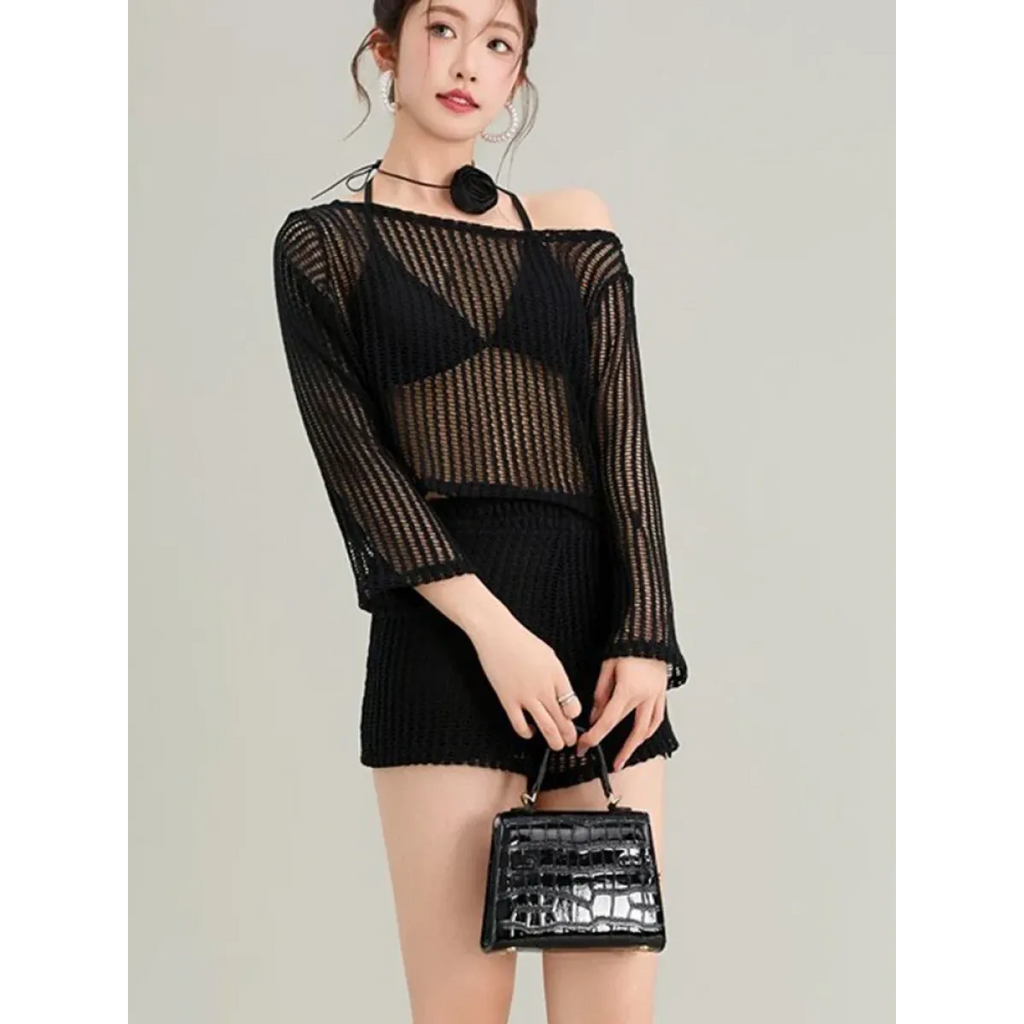 White Hollow-Out Long Sleeve High Waist Swimsuit Set - Swimsuits - Swimsuits - 5