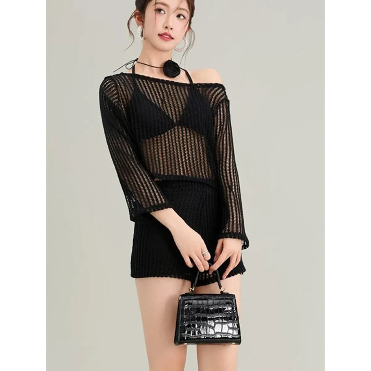 White Hollow-Out Long Sleeve High Waist Swimsuit Set - Swimsuits - Swimsuits - 5