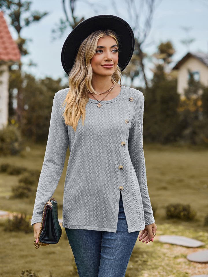 Button Slit Long Sleeve T-Shirt - Gray / S - T-Shirts - Shirts & Tops - 16 - 2024