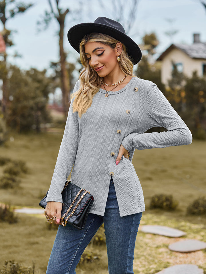 Button Slit Long Sleeve T-Shirt - T-Shirts - Shirts & Tops - 17 - 2024