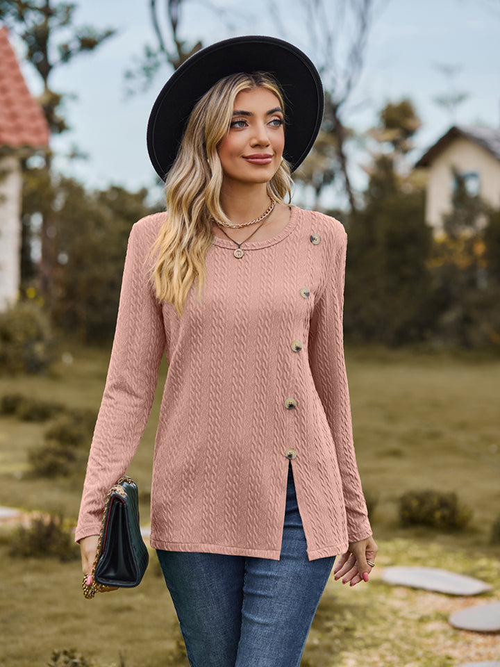 Button Slit Long Sleeve T-Shirt - Pink / S - T-Shirts - Shirts & Tops - 4 - 2024