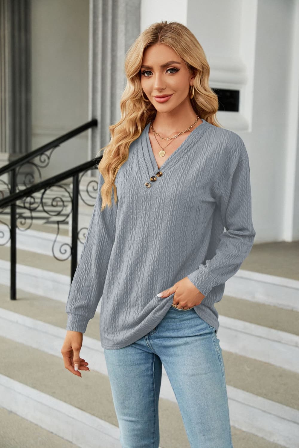 Decorative Button V-Neck Long Sleeve T-Shirt - Blue / S - T-Shirts - Shirts & Tops - 1 - 2024