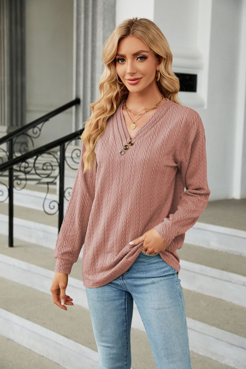 Decorative Button V-Neck Long Sleeve T-Shirt - Pink / S - T-Shirts - Shirts & Tops - 10 - 2024