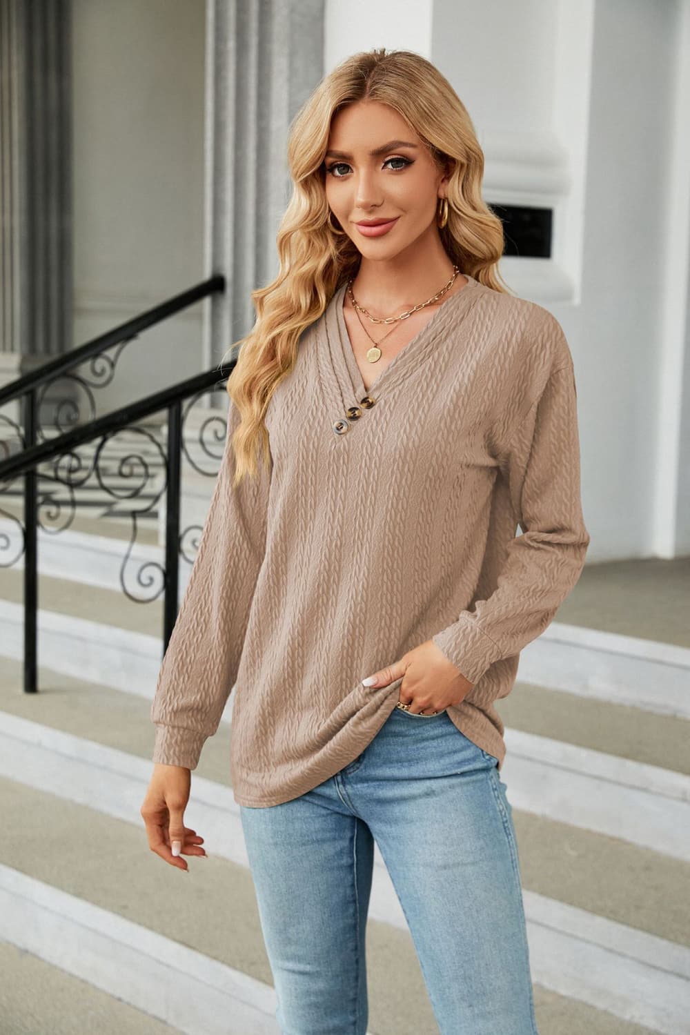 Decorative Button V-Neck Long Sleeve T-Shirt - Brown / S - T-Shirts - Shirts & Tops - 16 - 2024