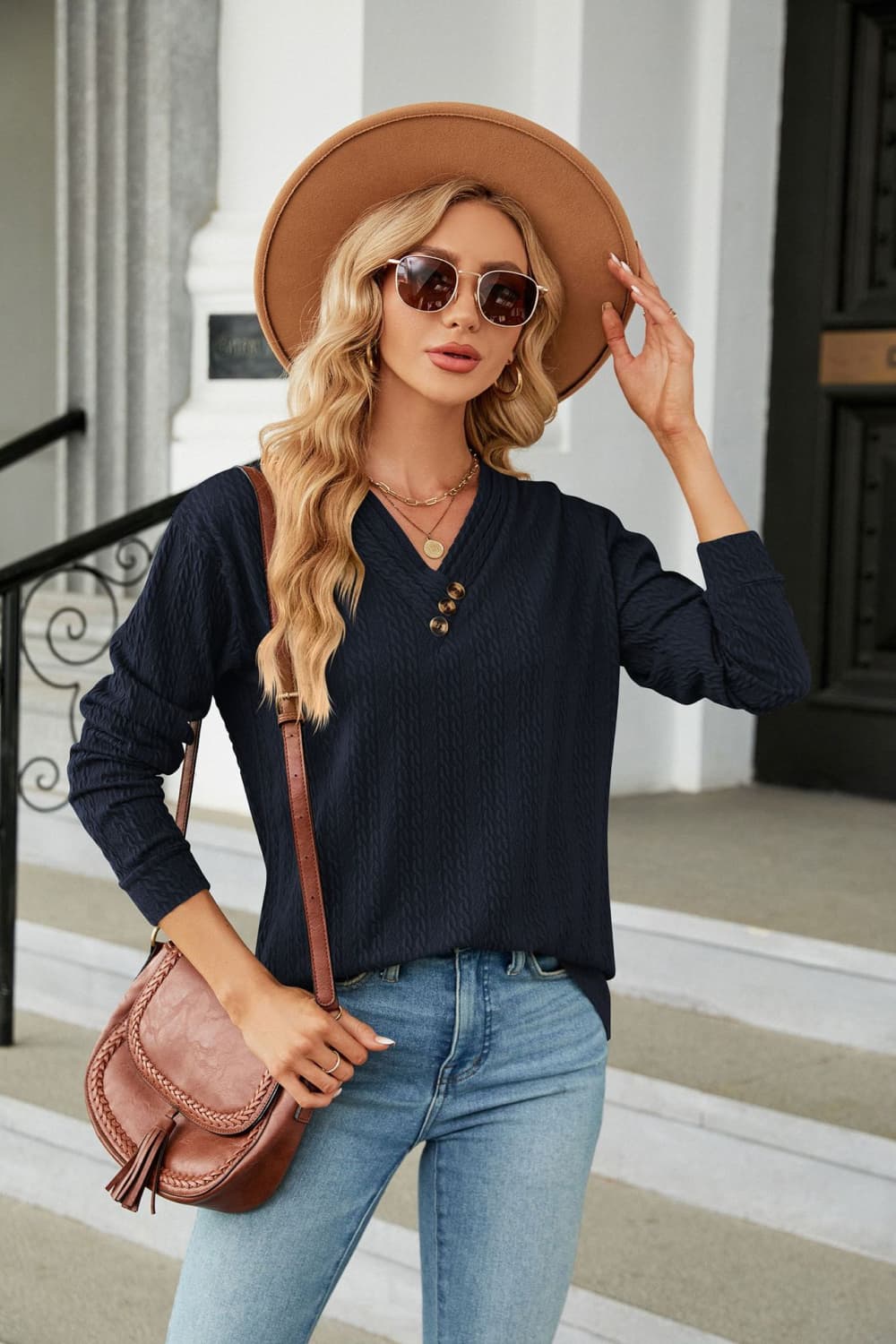 Decorative Button V-Neck Long Sleeve T-Shirt - Dark Blue / S - T-Shirts - Shirts & Tops - 19 - 2024