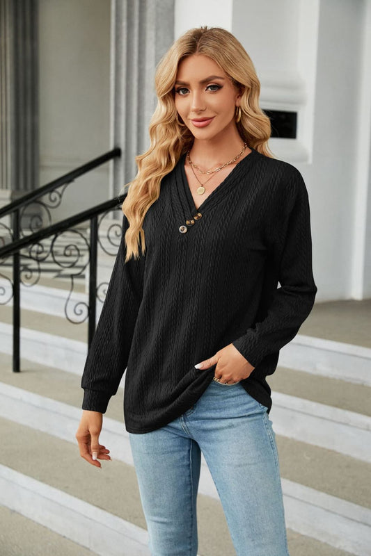 Decorative Button V-Neck Long Sleeve T-Shirt - Black / S - T-Shirts - Shirts & Tops - 25 - 2024