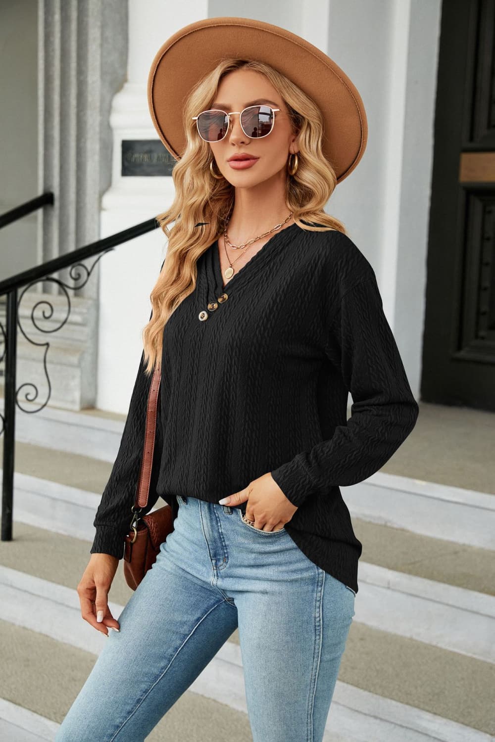 Decorative Button V-Neck Long Sleeve T-Shirt - T-Shirts - Shirts & Tops - 26 - 2024