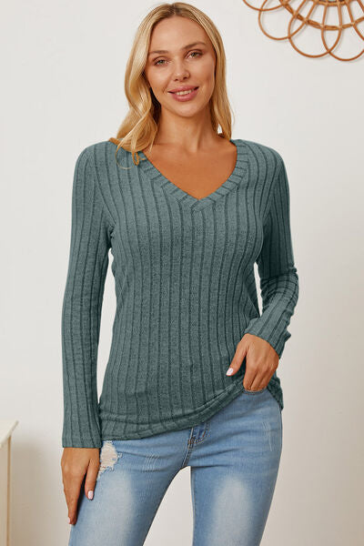 Ribbed V-Neck Long Sleeve T-Shirt - Teal / S - T-Shirts - Shirts & Tops - 12 - 2024