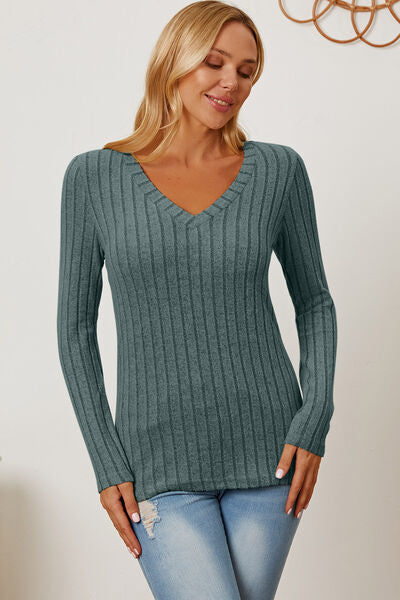 Ribbed V-Neck Long Sleeve T-Shirt - T-Shirts - Shirts & Tops - 13 - 2024