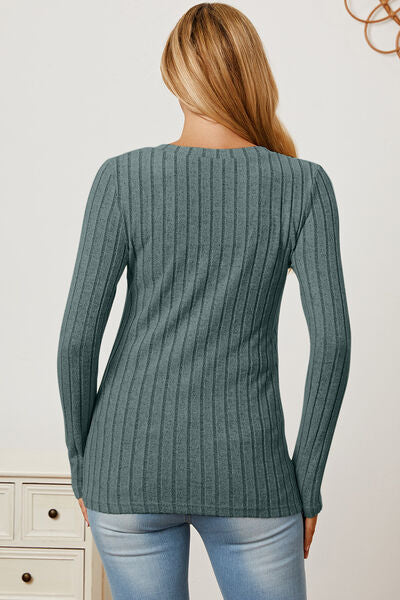 Ribbed V-Neck Long Sleeve T-Shirt - T-Shirts - Shirts & Tops - 14 - 2024