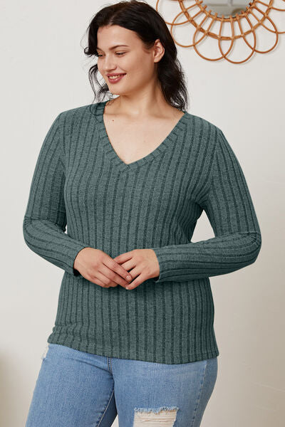 Ribbed V-Neck Long Sleeve T-Shirt - T-Shirts - Shirts & Tops - 15 - 2024