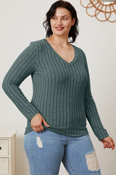 Ribbed V-Neck Long Sleeve T-Shirt - T-Shirts - Shirts & Tops - 16 - 2024