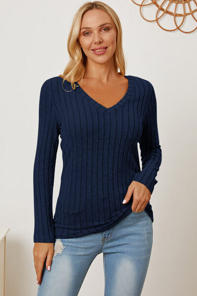 Ribbed V-Neck Long Sleeve T-Shirt - Peacock Blue / S - T-Shirts - Shirts & Tops - 18 - 2024