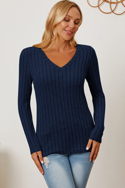 Ribbed V-Neck Long Sleeve T-Shirt - T-Shirts - Shirts & Tops - 19 - 2024