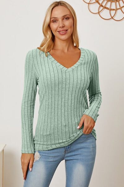 Ribbed V-Neck Long Sleeve T-Shirt - T-Shirts - Shirts & Tops - 3 - 2024