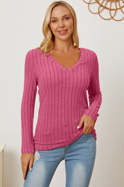 Ribbed V-Neck Long Sleeve T-Shirt - T-Shirts - Shirts & Tops - 31 - 2024