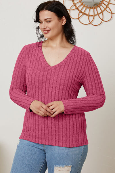 Ribbed V-Neck Long Sleeve T-Shirt - T-Shirts - Shirts & Tops - 33 - 2024