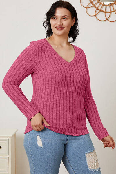 Ribbed V-Neck Long Sleeve T-Shirt - T-Shirts - Shirts & Tops - 34 - 2024