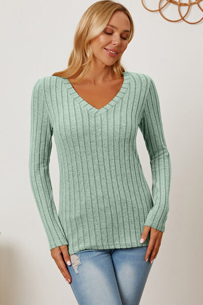 Ribbed V-Neck Long Sleeve T-Shirt - T-Shirts - Shirts & Tops - 4 - 2024