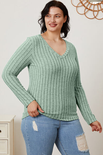 Ribbed V-Neck Long Sleeve T-Shirt - T-Shirts - Shirts & Tops - 6 - 2024