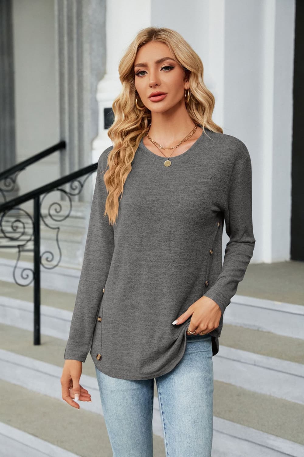 Round Neck Long Sleeve T-Shirt - Gray / S - T-Shirts - Shirts & Tops - 4 - 2024