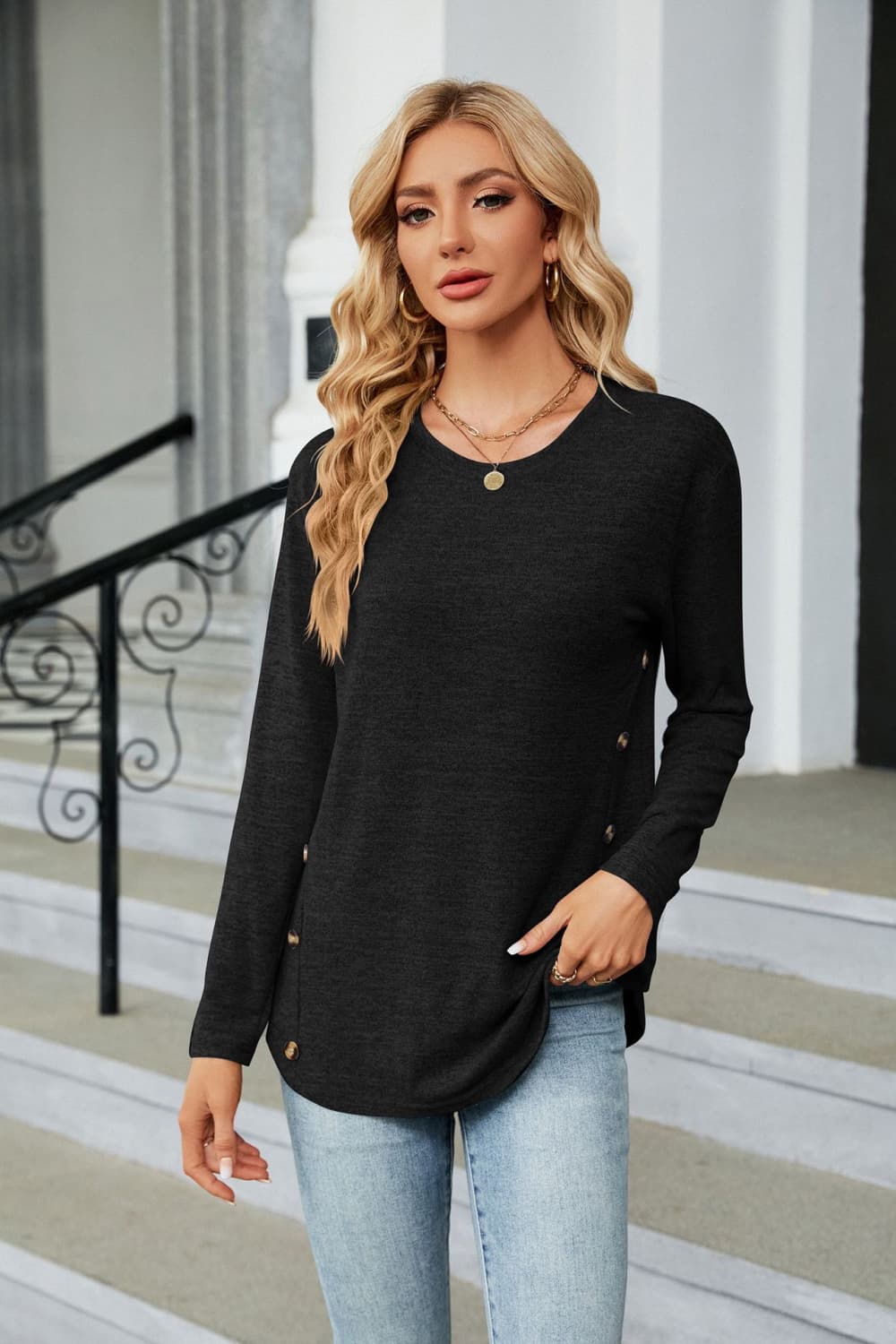 Round Neck Long Sleeve T-Shirt - Black / S - T-Shirts - Shirts & Tops - 16 - 2024