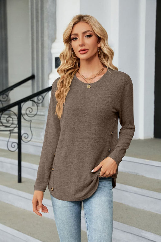 Round Neck Long Sleeve T-Shirt - Brown / S - T-Shirts - Shirts & Tops - 1 - 2024