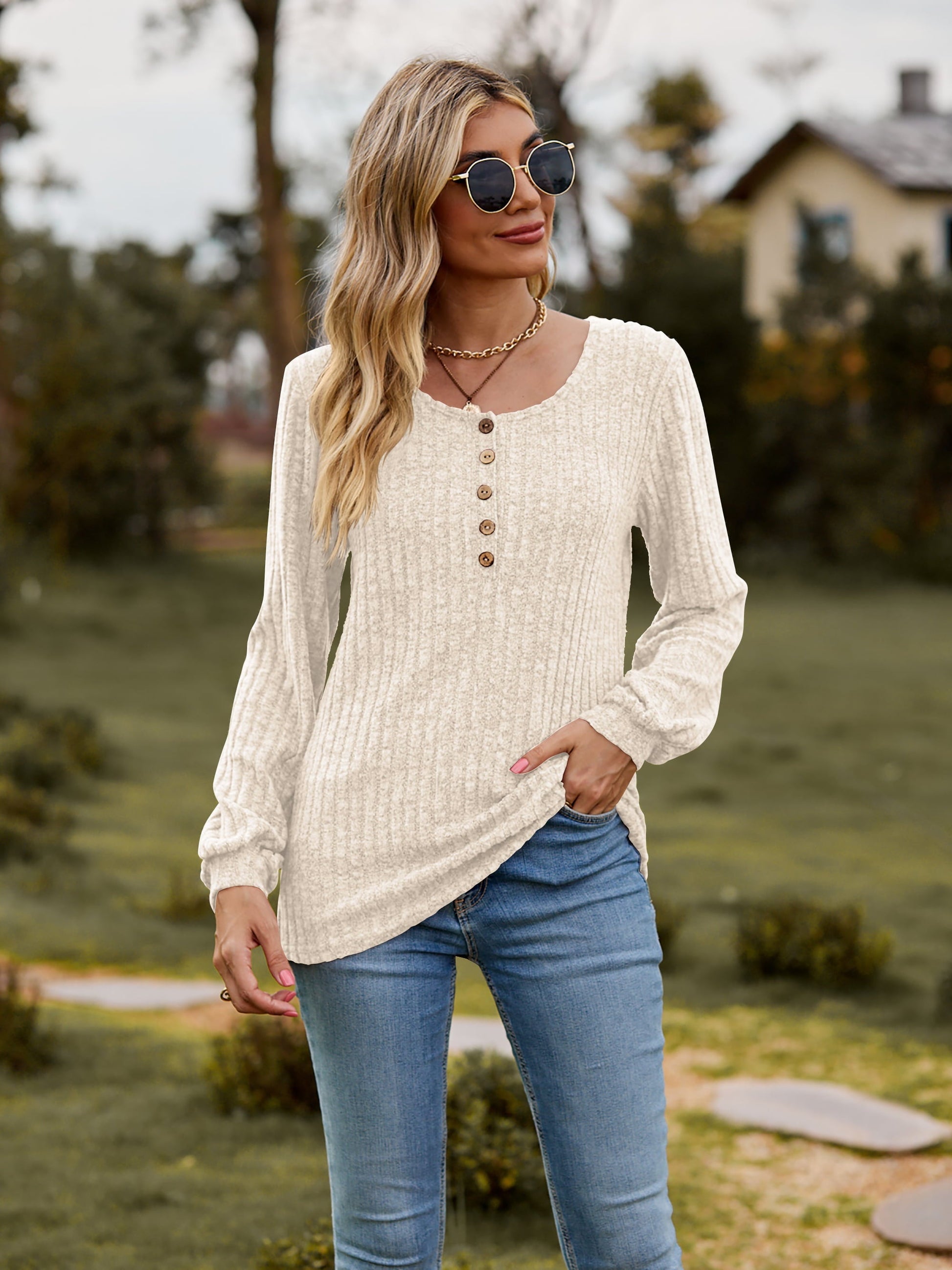 Round Neck Button-Down Long Sleeve Tee - T-Shirts - Shirts & Tops - 10 - 2024