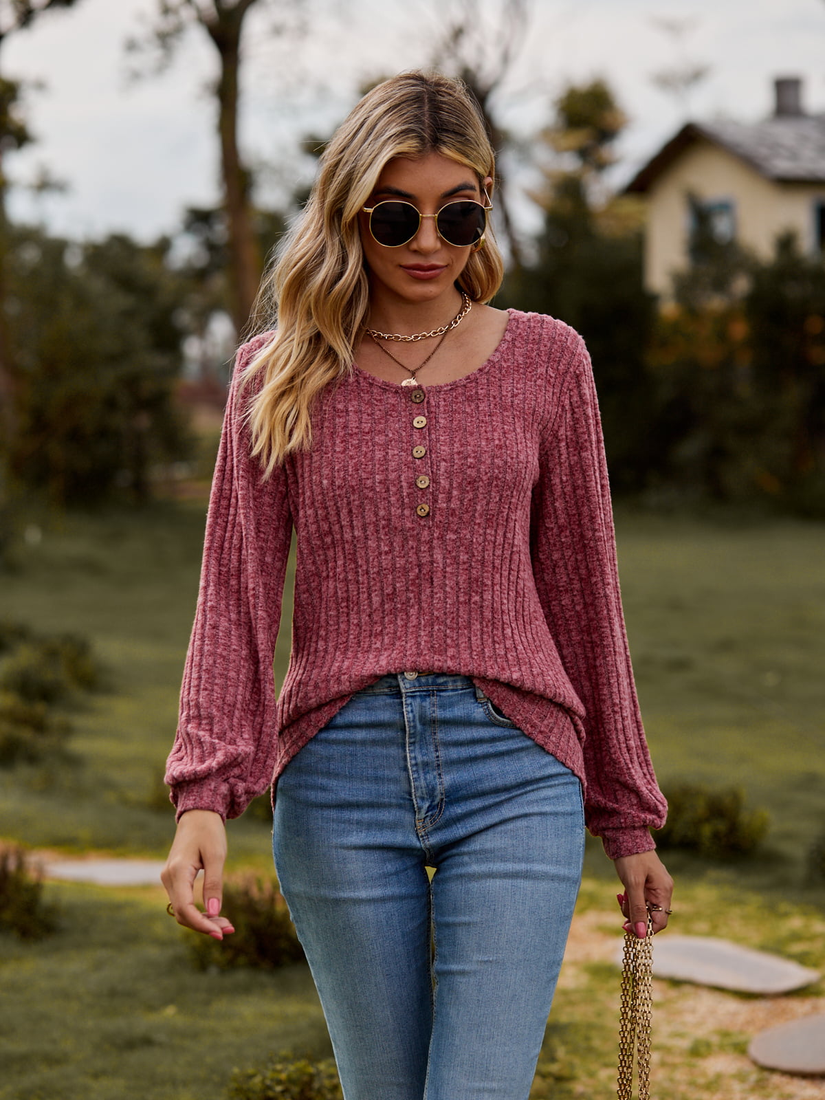 Round Neck Button-Down Long Sleeve Tee - Pink / S - T-Shirts - Shirts & Tops - 13 - 2024