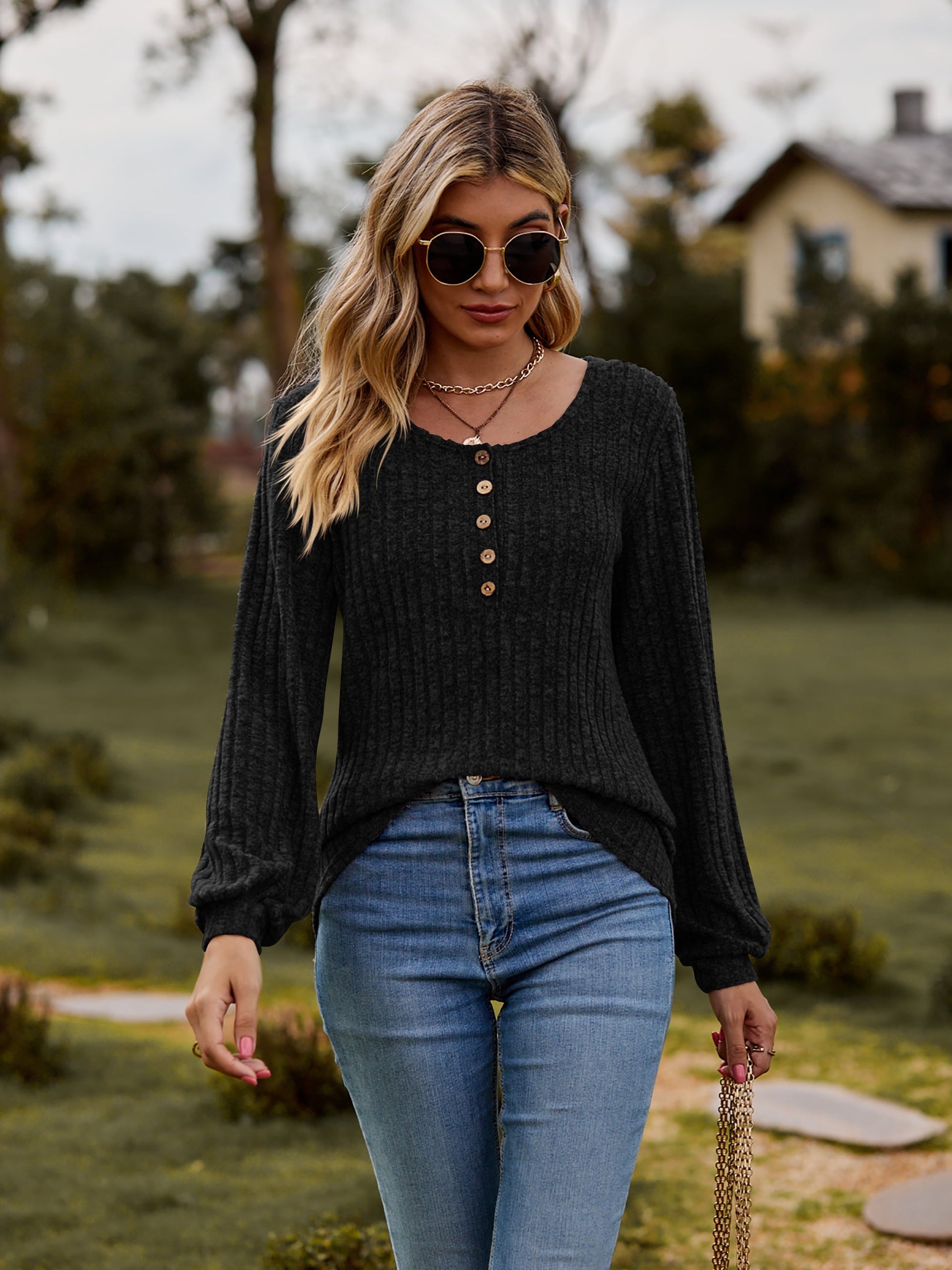 Round Neck Button-Down Long Sleeve Tee - T-Shirts - Shirts & Tops - 18 - 2024