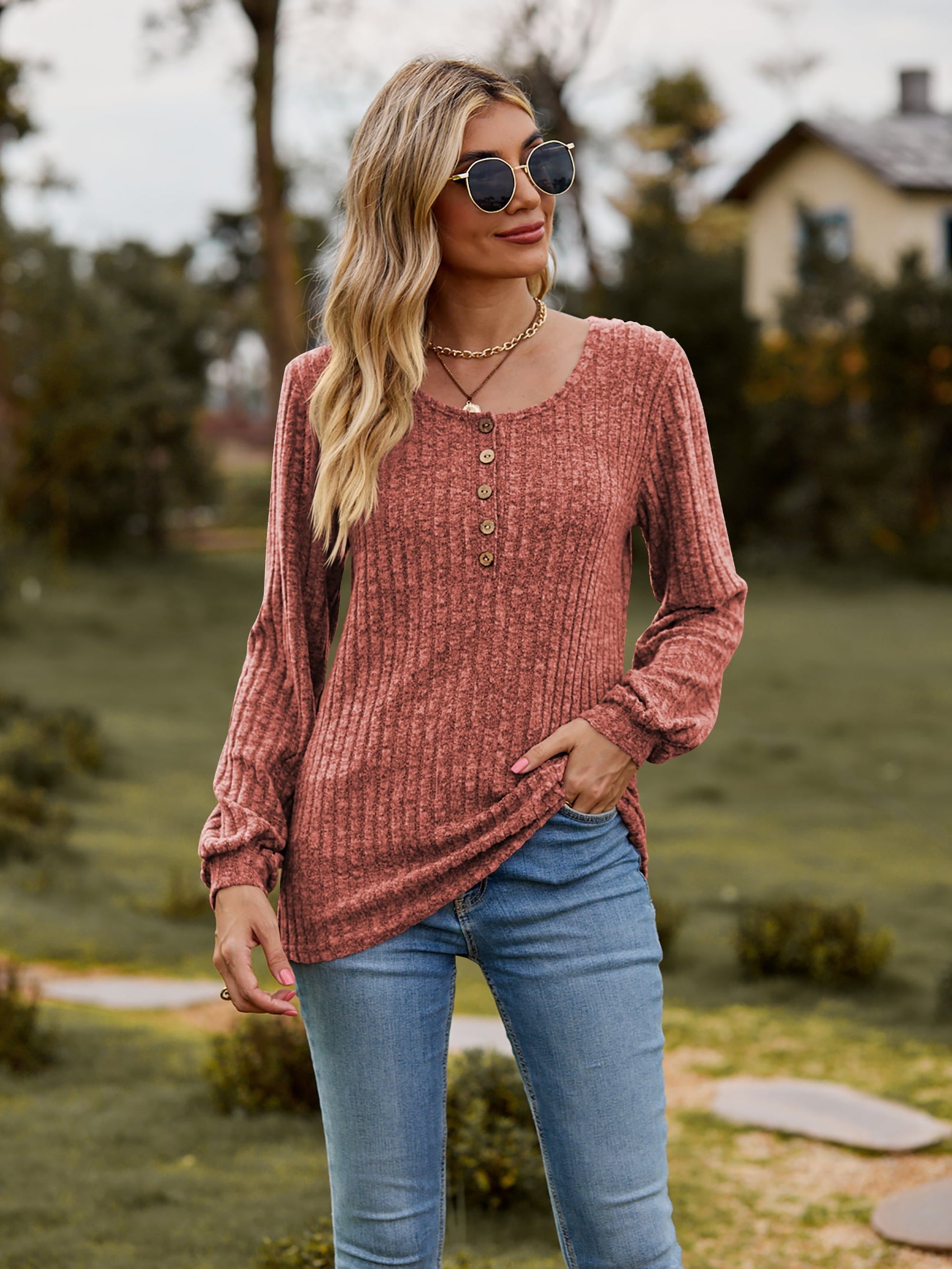 Round Neck Button-Down Long Sleeve Tee - T-Shirts - Shirts & Tops - 3 - 2024