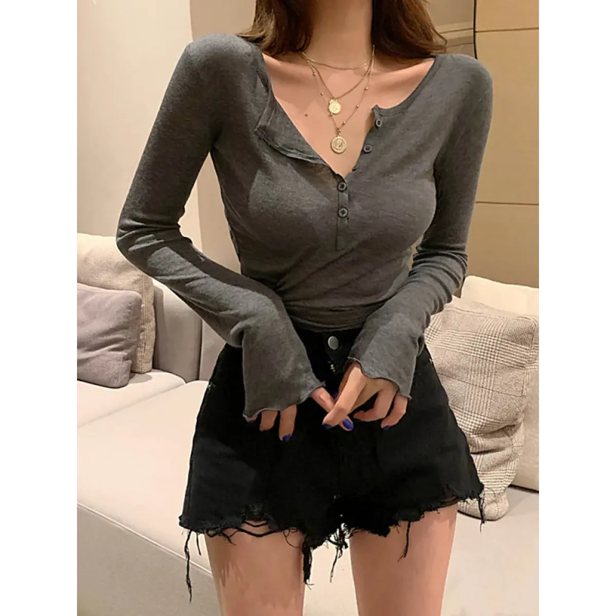 Harajuku V-Neck Button Long Sleeve Tee - T-Shirts - T-Shirts - 1