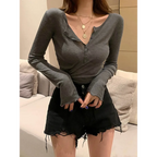 Harajuku V-Neck Button Long Sleeve Tee - T-Shirts - T-Shirts - 8