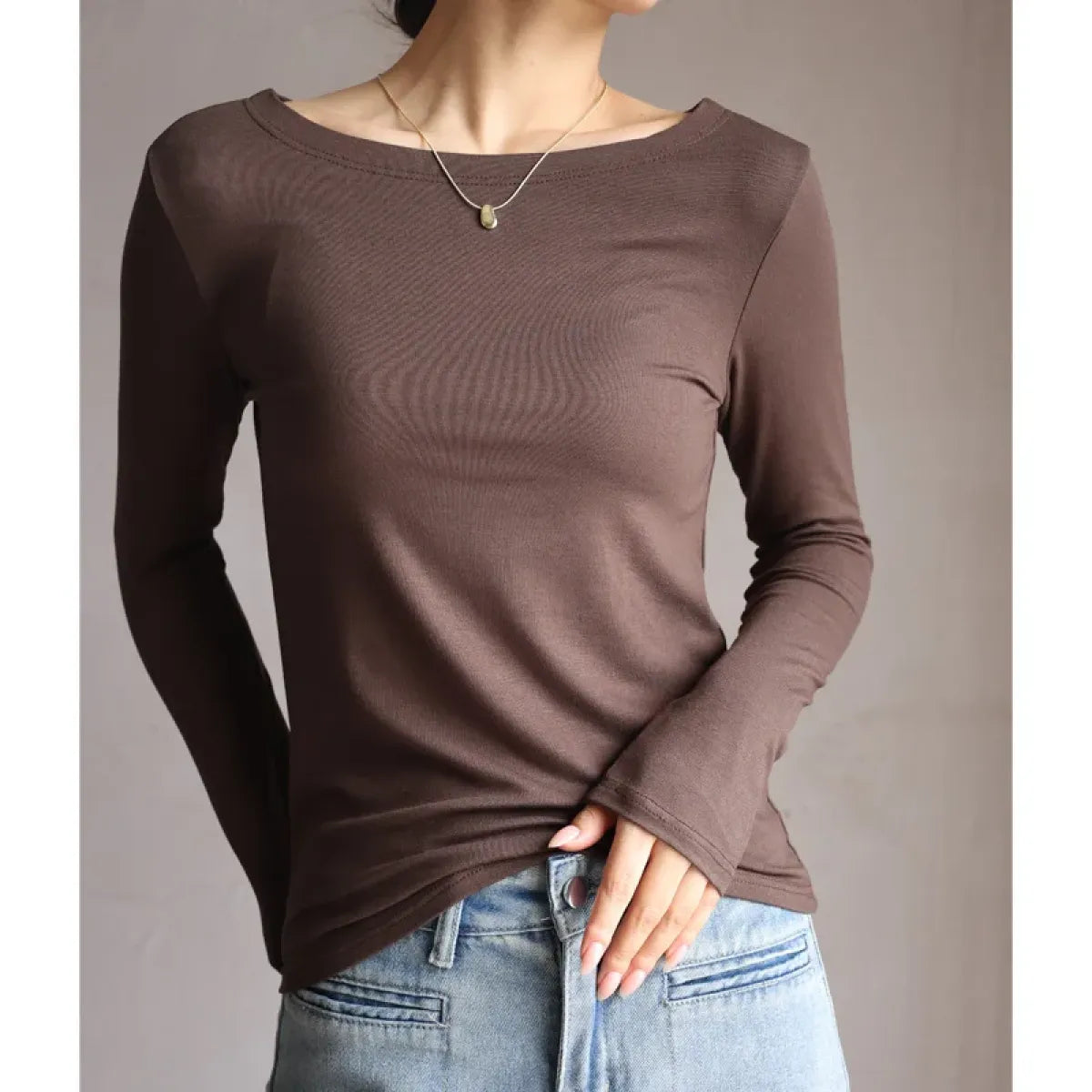 Modal Slash Neck Long Sleeve Tee - T-Shirts - T-Shirt - 7