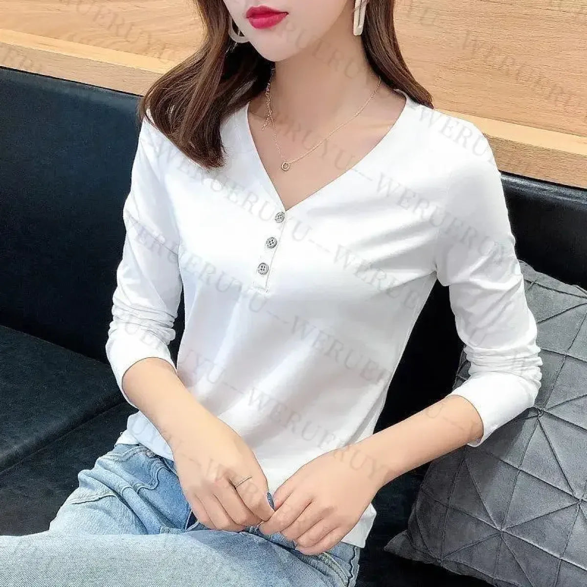 V-Neck Button Long Sleeve Tee - T-Shirts - T-Shirt - 1