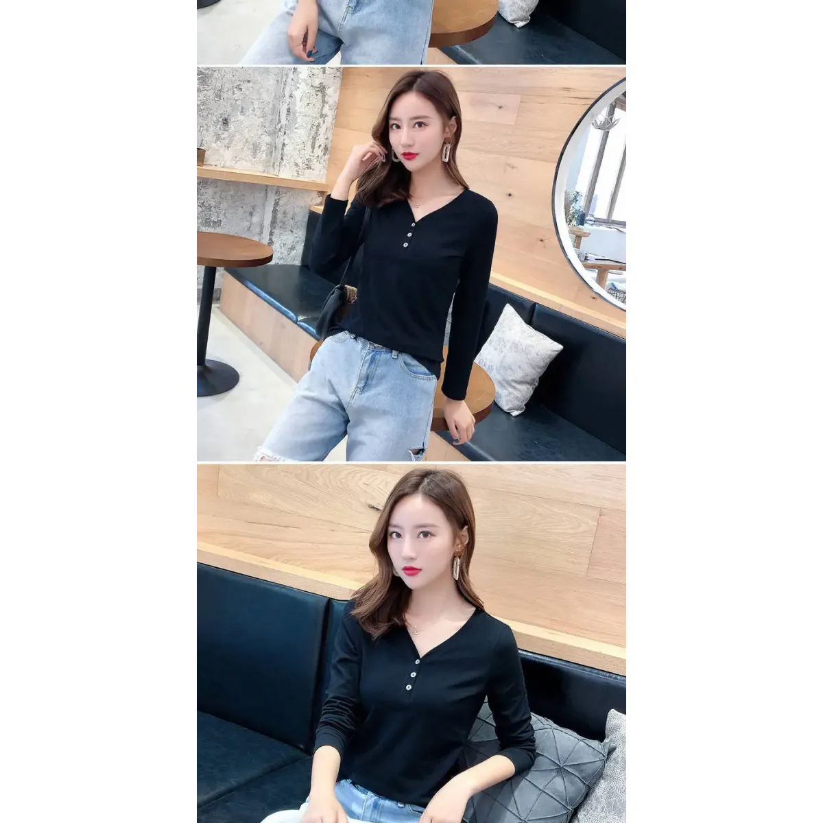 V-Neck Button Long Sleeve Tee - T-Shirts - T-Shirt - 4