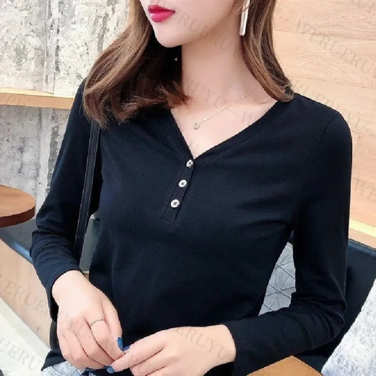 V-Neck Button Long Sleeve Tee - T-Shirts - T-Shirt - 5