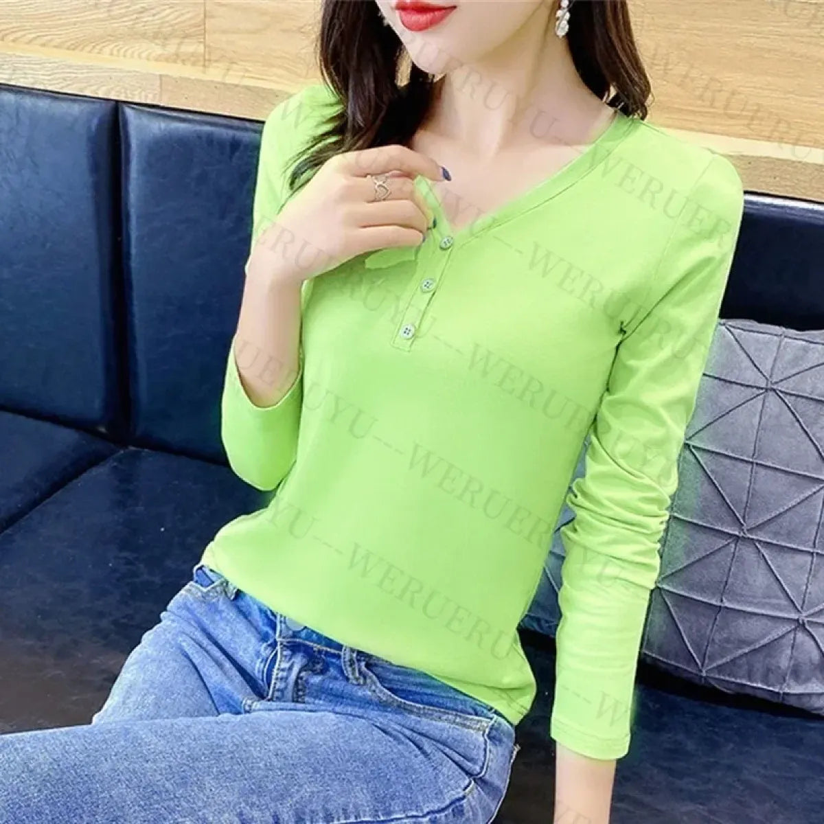 V-Neck Button Long Sleeve Tee - T-Shirts - T-Shirt - 6