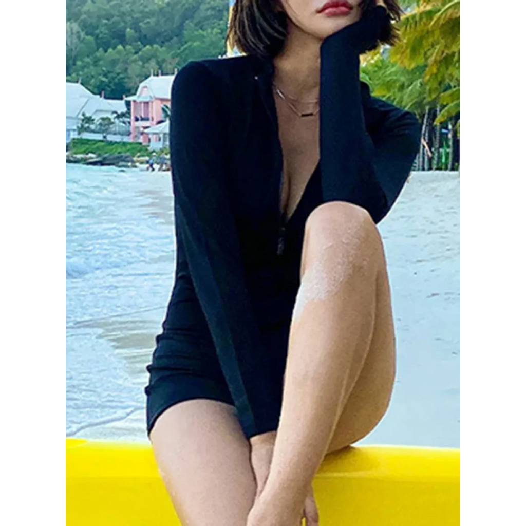 Japanese Style Black Zip Swimsuit with Long Sleeves - Women’s Clothing & Accessories - Swimsuits - 2